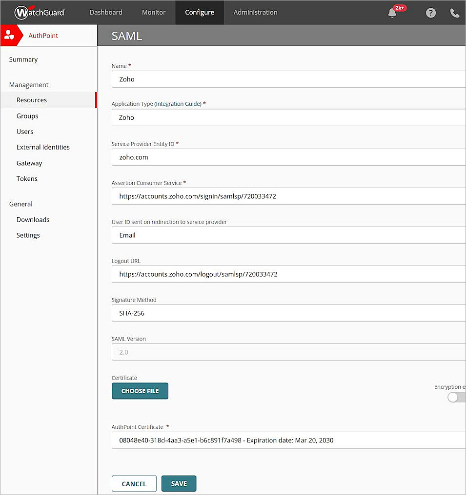 Screen shot of the AuthPoint SAML config